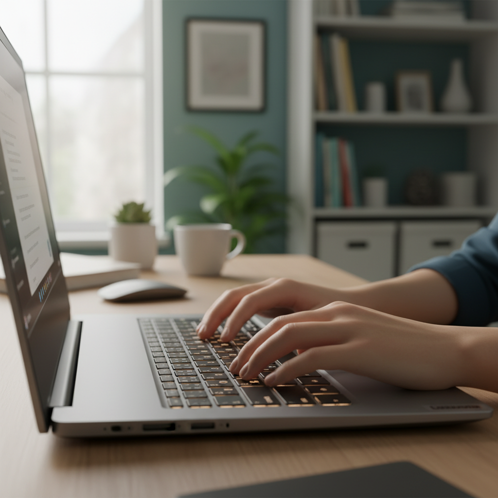 A person typing on the backlit keyboard of the Lenovo IdeaPad Slim 5 83NJ0002BR, showing comfortable hand placement and the clear key layout, in a well-lit home office environment.