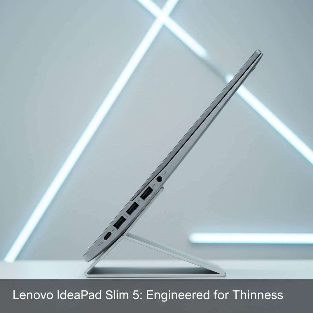 A side-profile shot of the Lenovo IdeaPad Slim 5 83NJ0002BR highlighting its thin design and the various connectivity ports (USB-C, USB-A, HDMI), with a focus on its slimness and modern engineering.