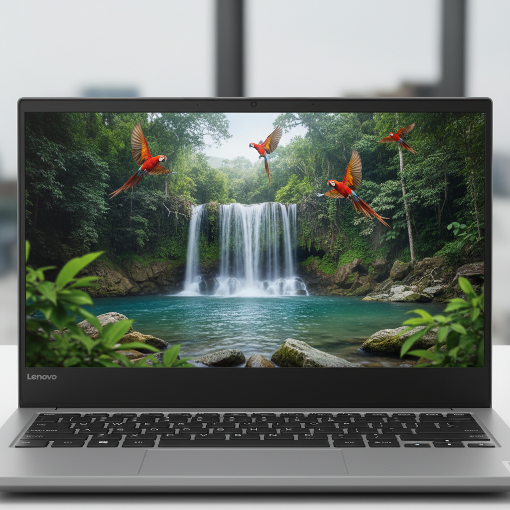 A close-up of the IPS Full HD screen of the Lenovo IdeaPad Slim 5 83NJ0002BR displaying a crisp, colorful image or a high-resolution video, demonstrating its visual quality and narrow bezels, possibly with a reflection-free coating.